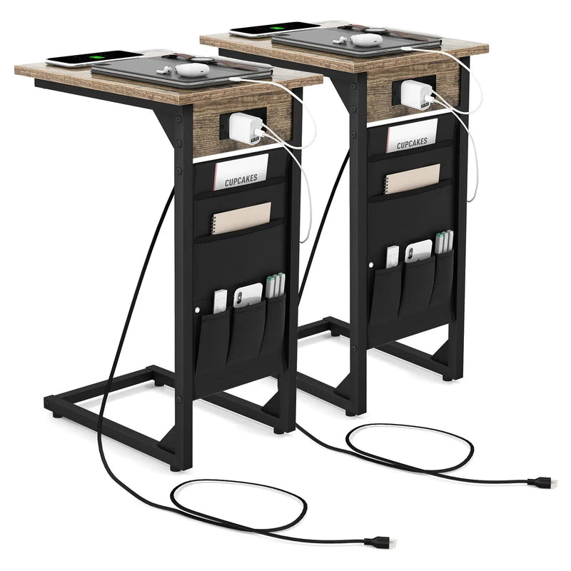 Set of 2 C Shaped End Table with Charging Station-Rustic Brown by DirectDeals