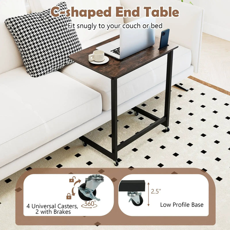 C-shaped End Table with Wheels Mobile Bedside Table with Built-in Phone Slot-Rustic Brown by DirectDeals