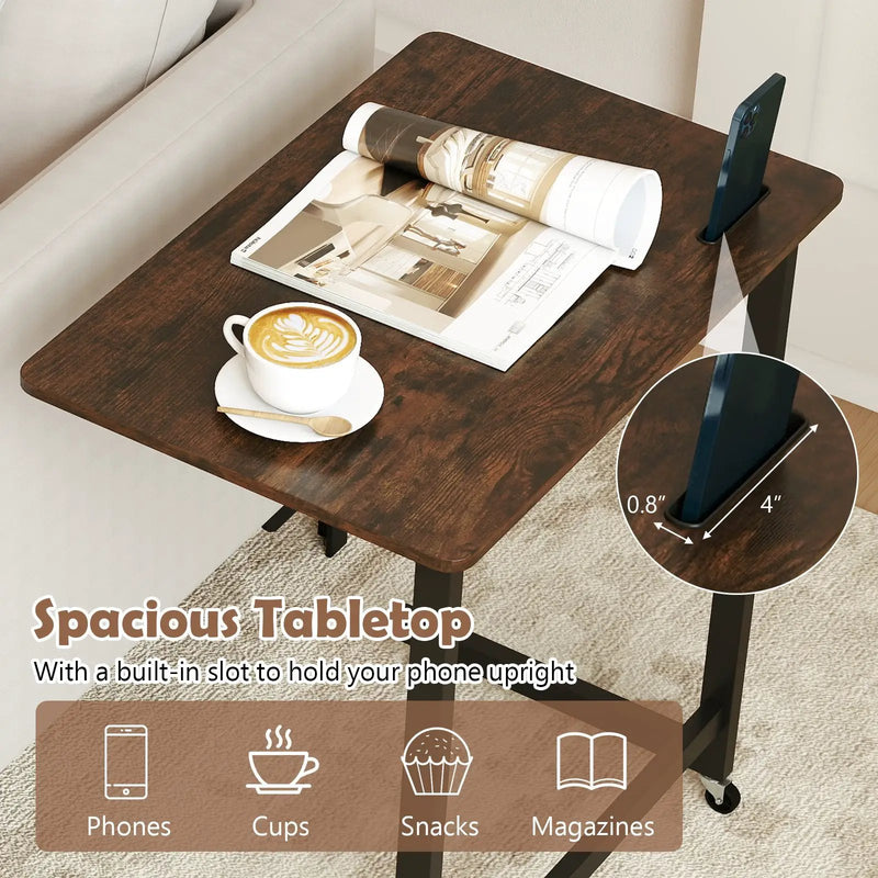 C-shaped End Table with Wheels Mobile Bedside Table with Built-in Phone Slot-Rustic Brown by DirectDeals