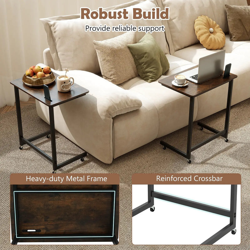 C-shaped End Table with Wheels Mobile Bedside Table with Built-in Phone Slot-Rustic Brown by DirectDeals