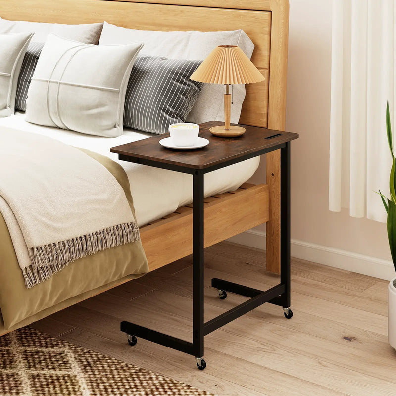 C-shaped End Table with Wheels Mobile Bedside Table with Built-in Phone Slot-Rustic Brown by DirectDeals