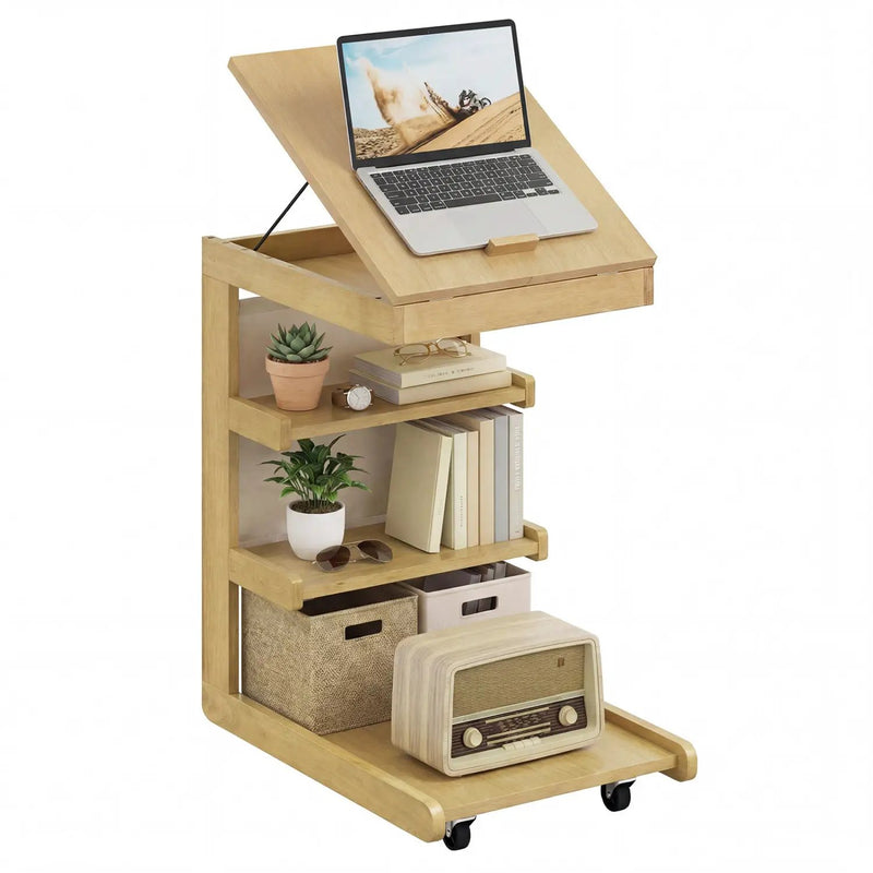C-shaped End Table with Wheels and Adjustable Desktop for Sofa Couch Bedside by DirectDeals