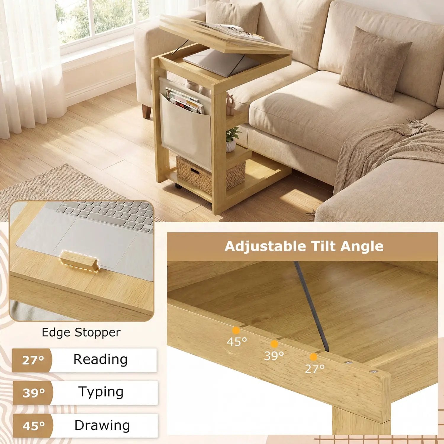 C-shaped End Table with Wheels and Adjustable Desktop for Sofa Couch Bedside by DirectDeals