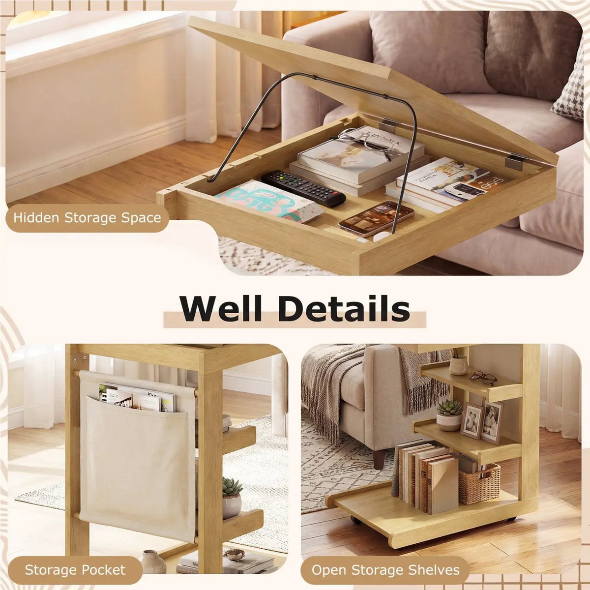 C-shaped End Table with Wheels and Adjustable Desktop for Sofa Couch Bedside by DirectDeals