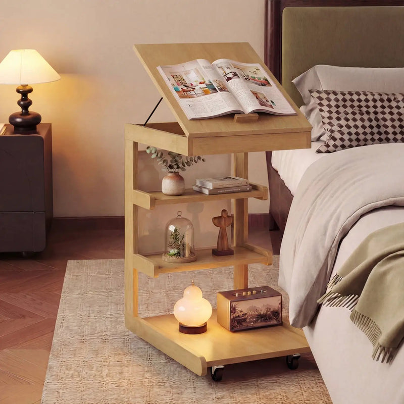 C-shaped End Table with Wheels and Adjustable Desktop for Sofa Couch Bedside by DirectDeals