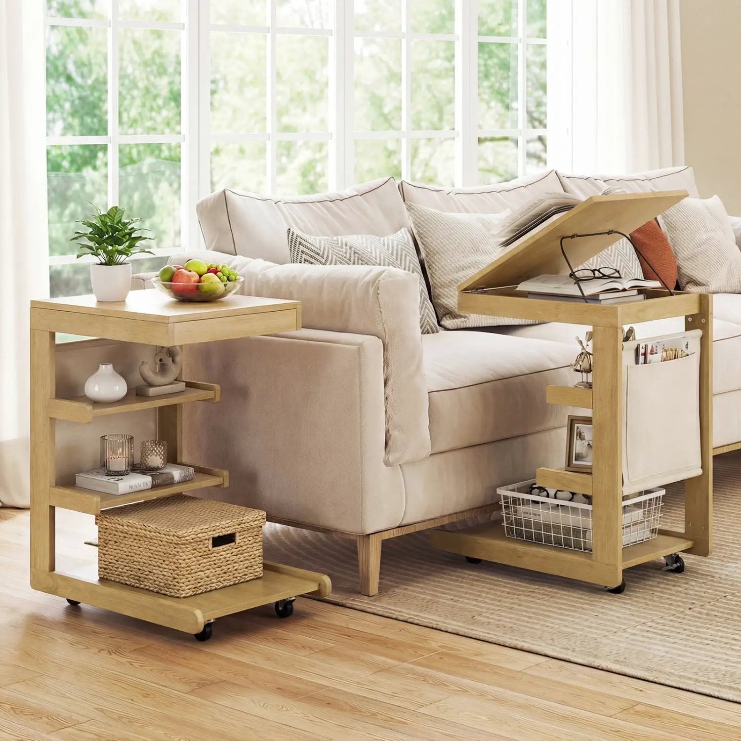 C-shaped End Table with Wheels and Adjustable Desktop for Sofa Couch Bedside by DirectDeals
