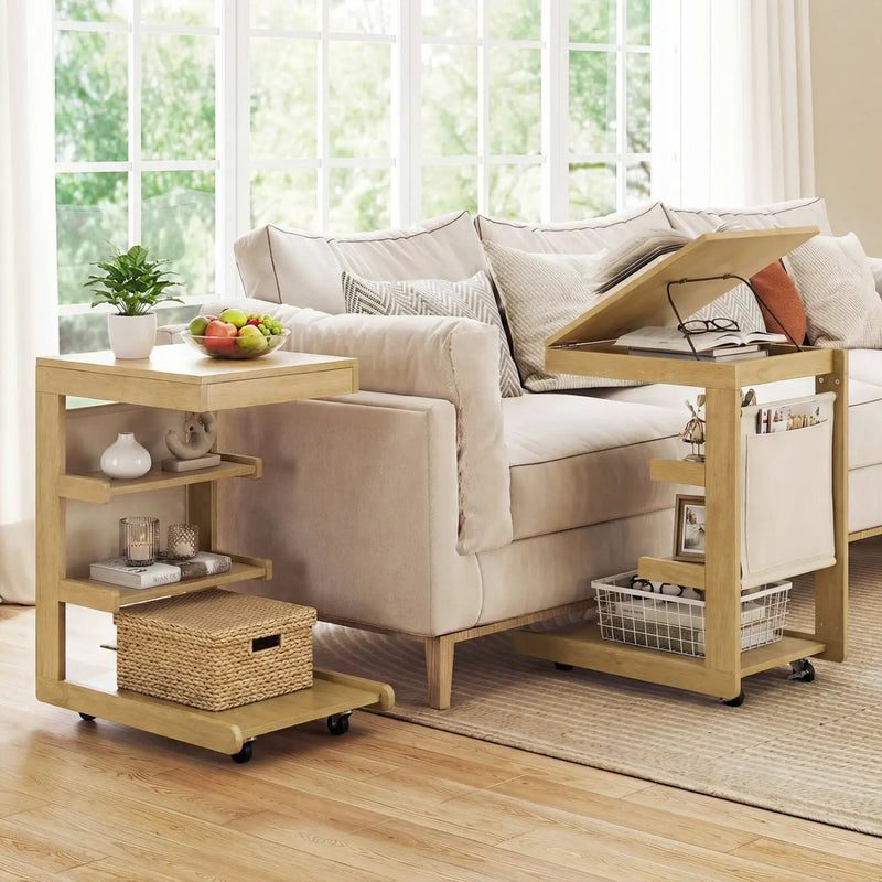 C-shaped End Table with Wheels and Adjustable Desktop for Sofa Couch Bedside by DirectDeals
