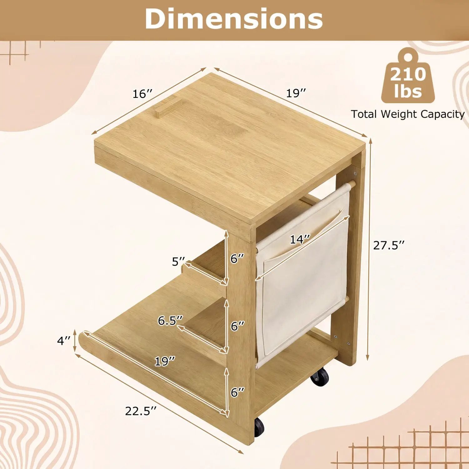 C-shaped End Table with Wheels and Adjustable Desktop for Sofa Couch Bedside by DirectDeals