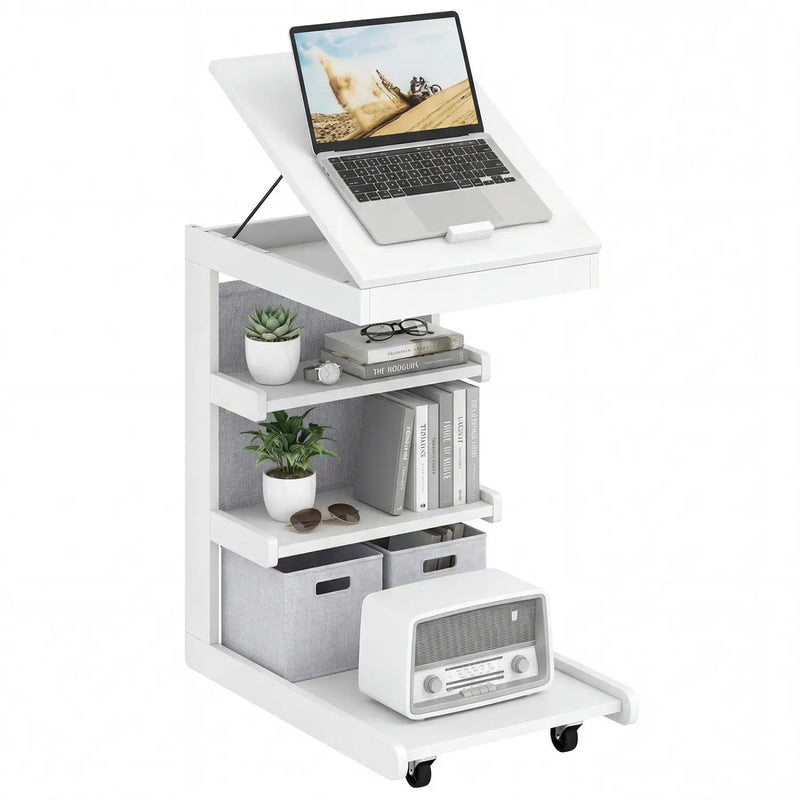 C-shaped End Table with Wheels and Adjustable Desktop for Sofa Couch Bedside by DirectDeals