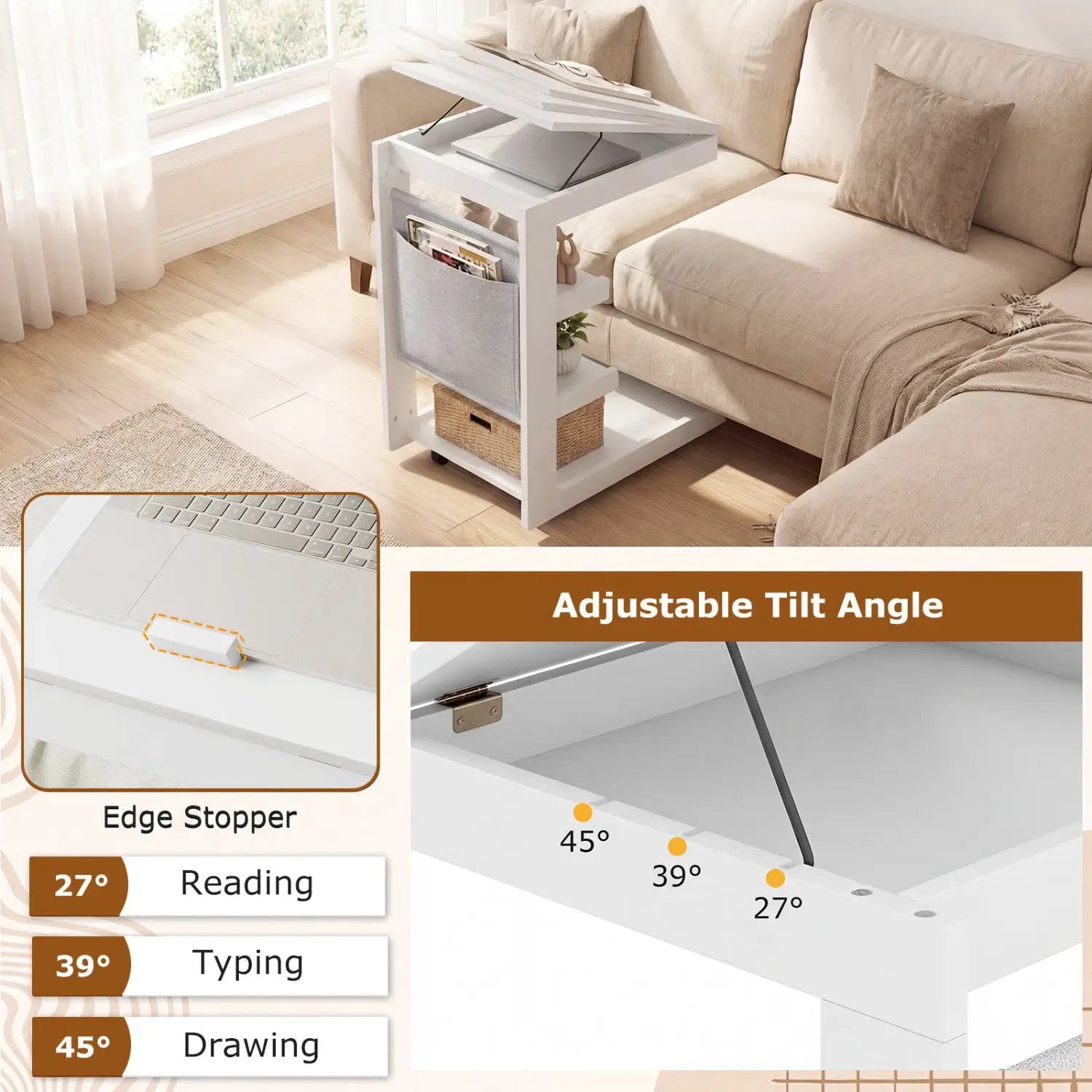 C-shaped End Table with Wheels and Adjustable Desktop for Sofa Couch Bedside by DirectDeals