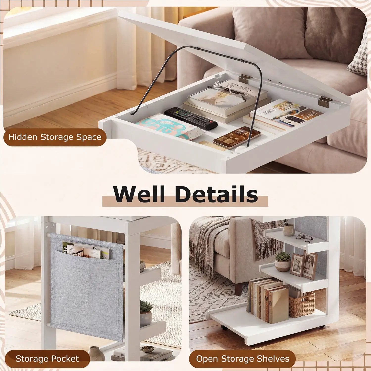 C-shaped End Table with Wheels and Adjustable Desktop for Sofa Couch Bedside by DirectDeals
