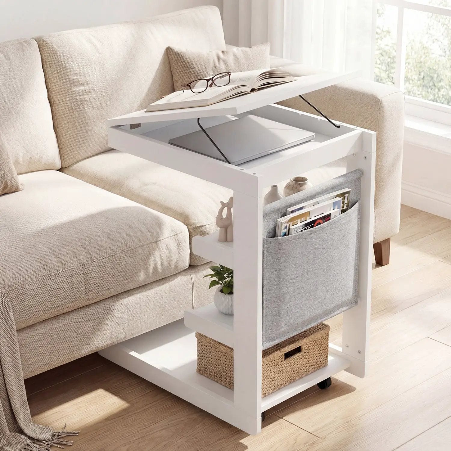 C-shaped End Table with Wheels and Adjustable Desktop for Sofa Couch Bedside by DirectDeals