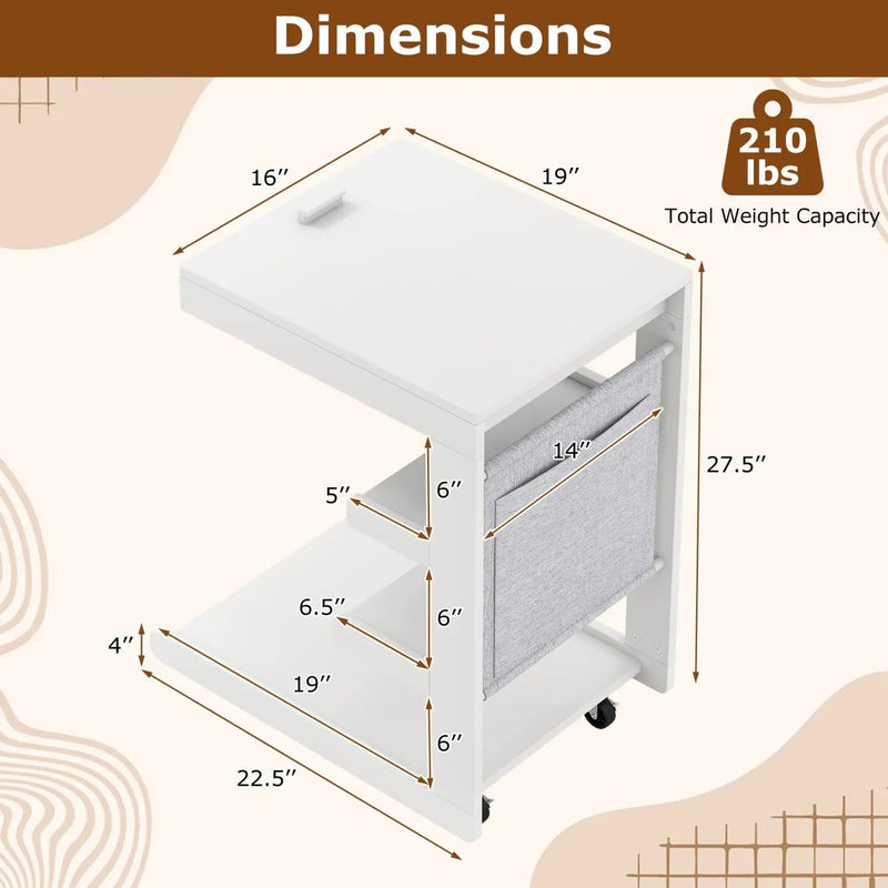 C-shaped End Table with Wheels and Adjustable Desktop for Sofa Couch Bedside by DirectDeals