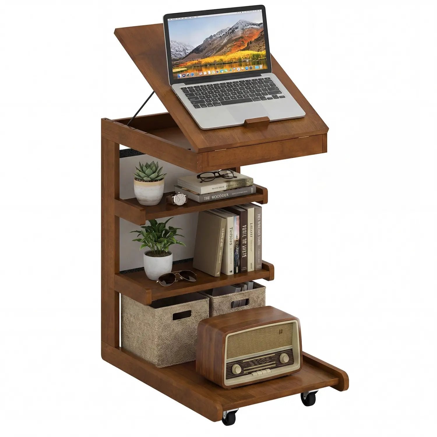 C-shaped End Table with Wheels and Adjustable Desktop for Sofa Couch Bedside by DirectDeals