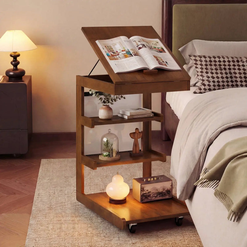 C-shaped End Table with Wheels and Adjustable Desktop for Sofa Couch Bedside by DirectDeals