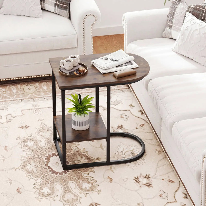 C-Shaped Sofa Side Table with Faux Marble Top & Storage Shelf by DirectDeals
