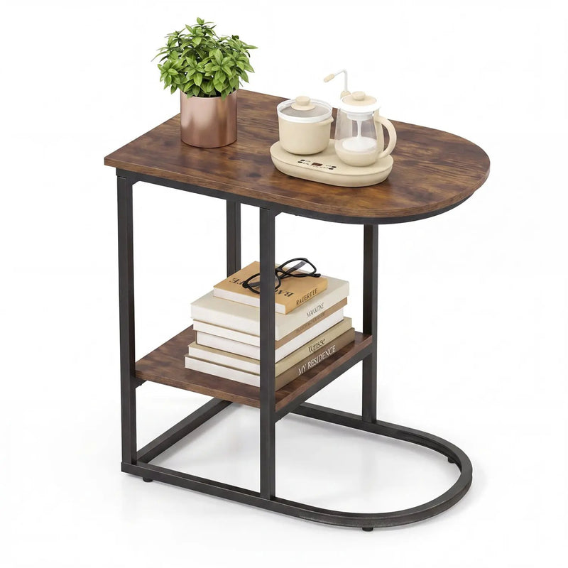 C-Shaped Sofa Side Table with Faux Marble Top & Storage Shelf by DirectDeals