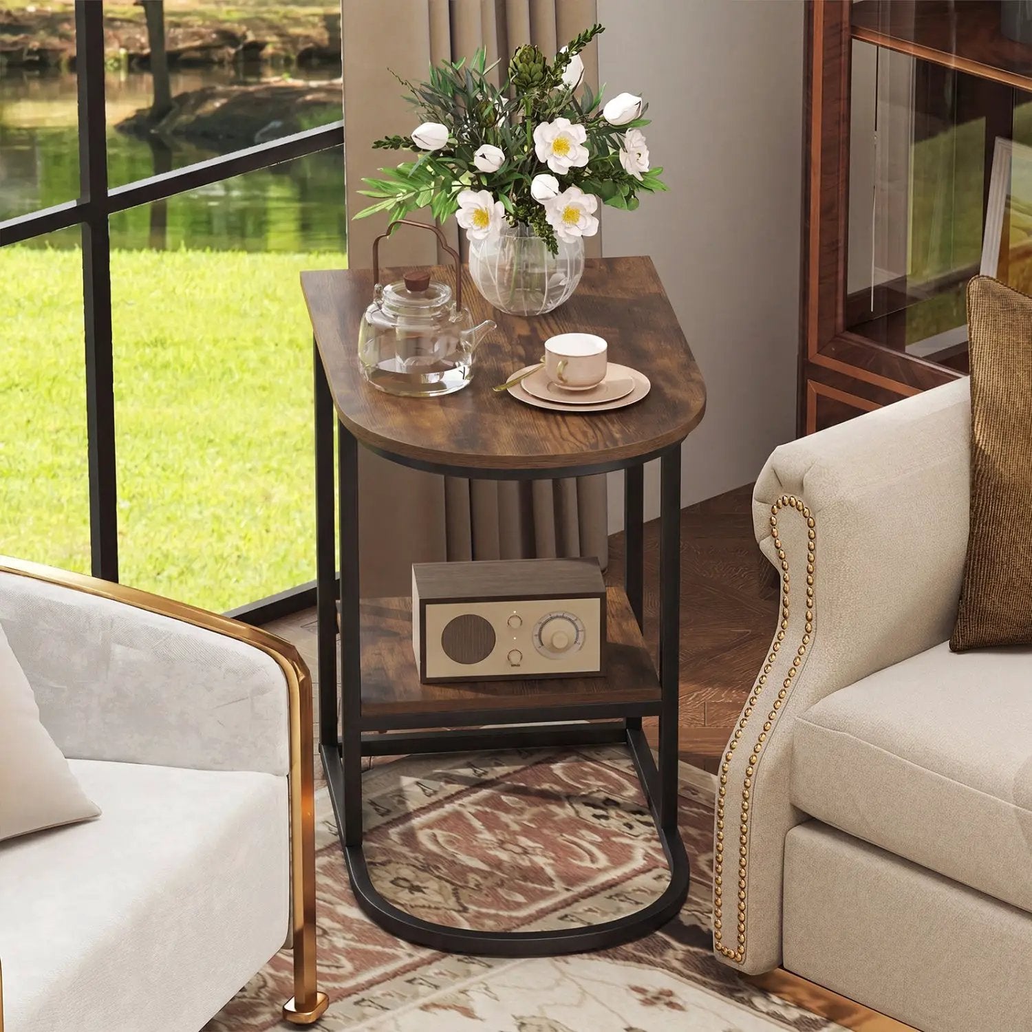 C-Shaped Side Table with Storage Shelf and Marble Top by DirectDeals