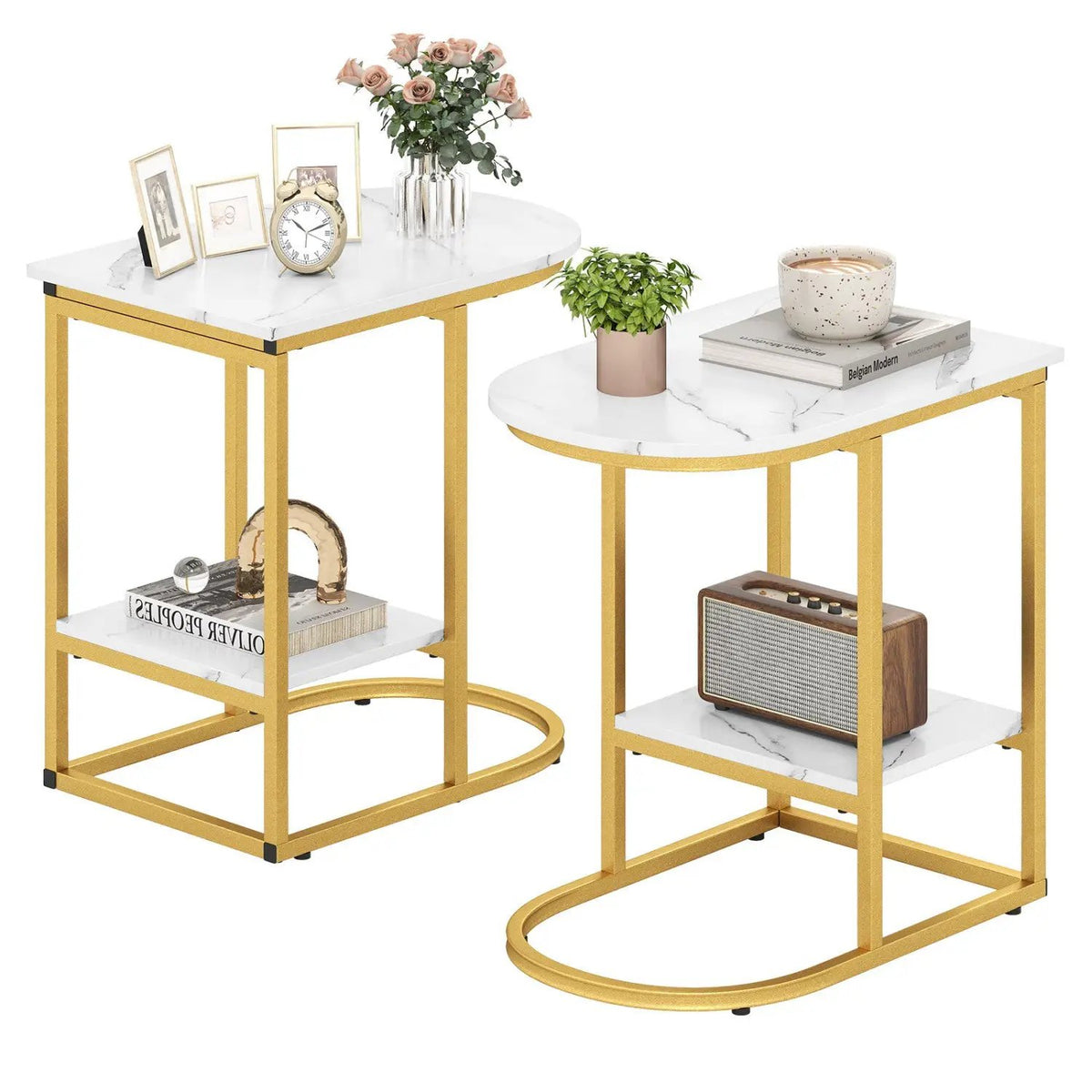 C-Shaped Side Table with Faux Marble Top and Storage Shelf by DirectDeals