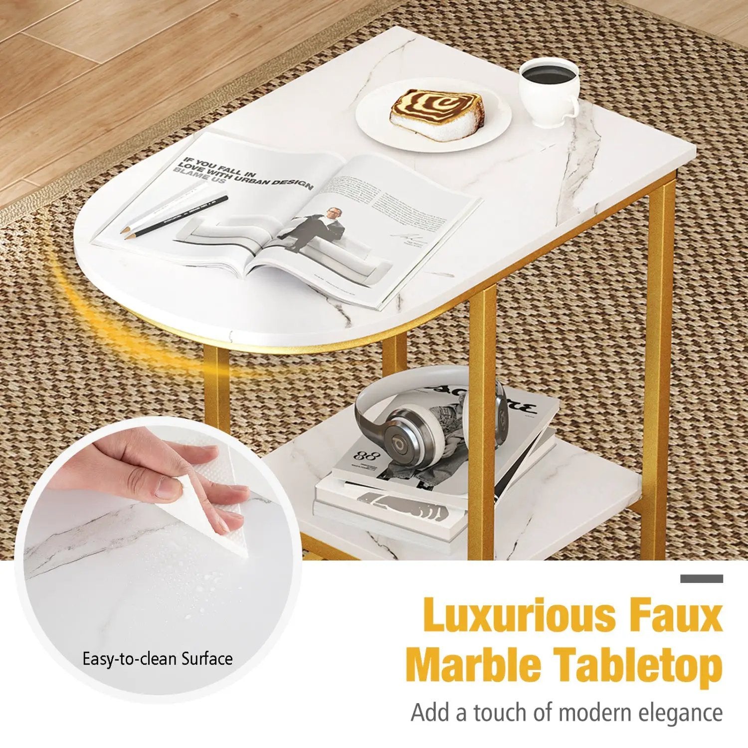 C-Shaped Side Table with Faux Marble Top and Storage Shelf by DirectDeals