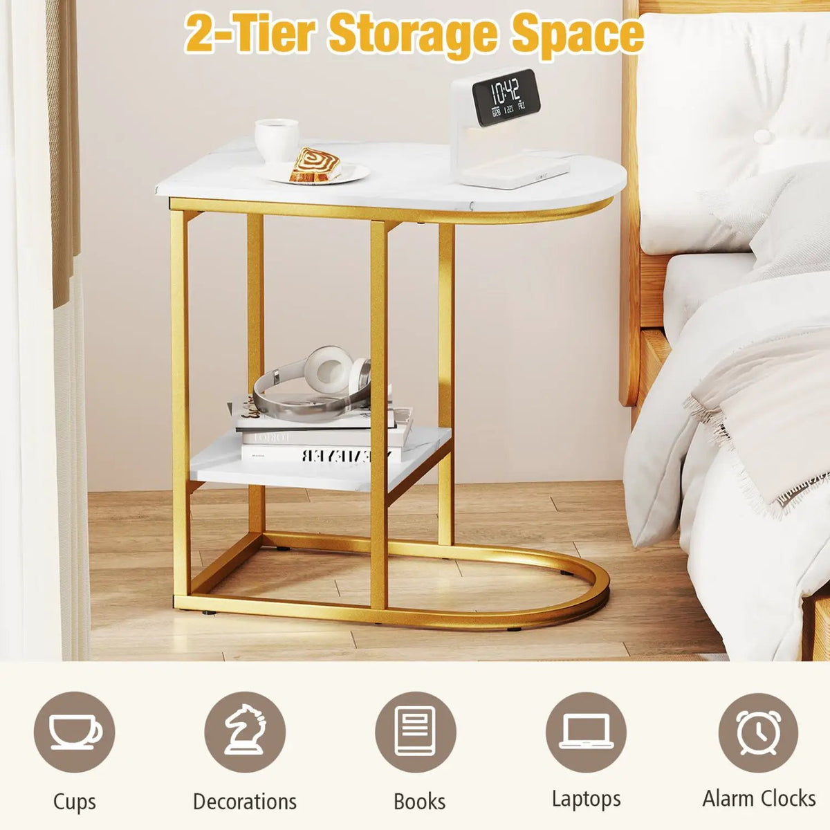C-Shaped Side Table with Faux Marble Top and Storage Shelf by DirectDeals