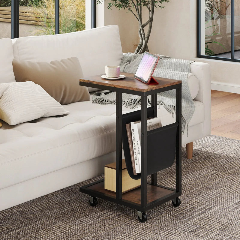 C-shaped Side Table with Canvas Storage Pouch and Metal Frame-Borwn by DirectDeals