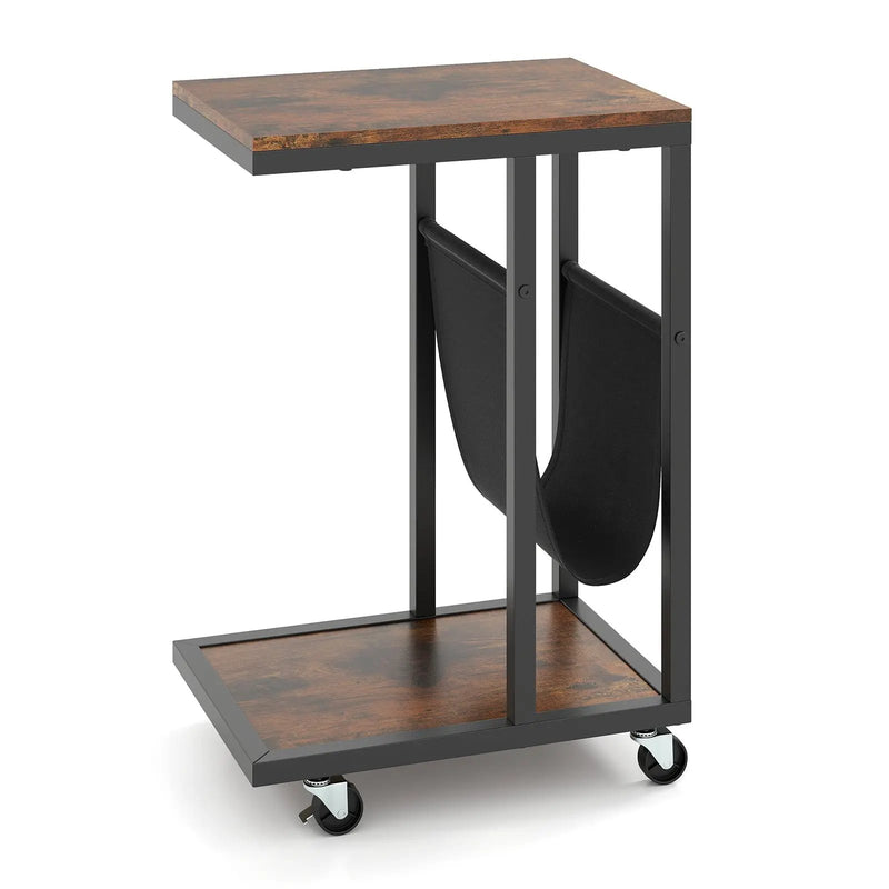 C-shaped Side Table with Canvas Storage Pouch and Metal Frame-Borwn by DirectDeals
