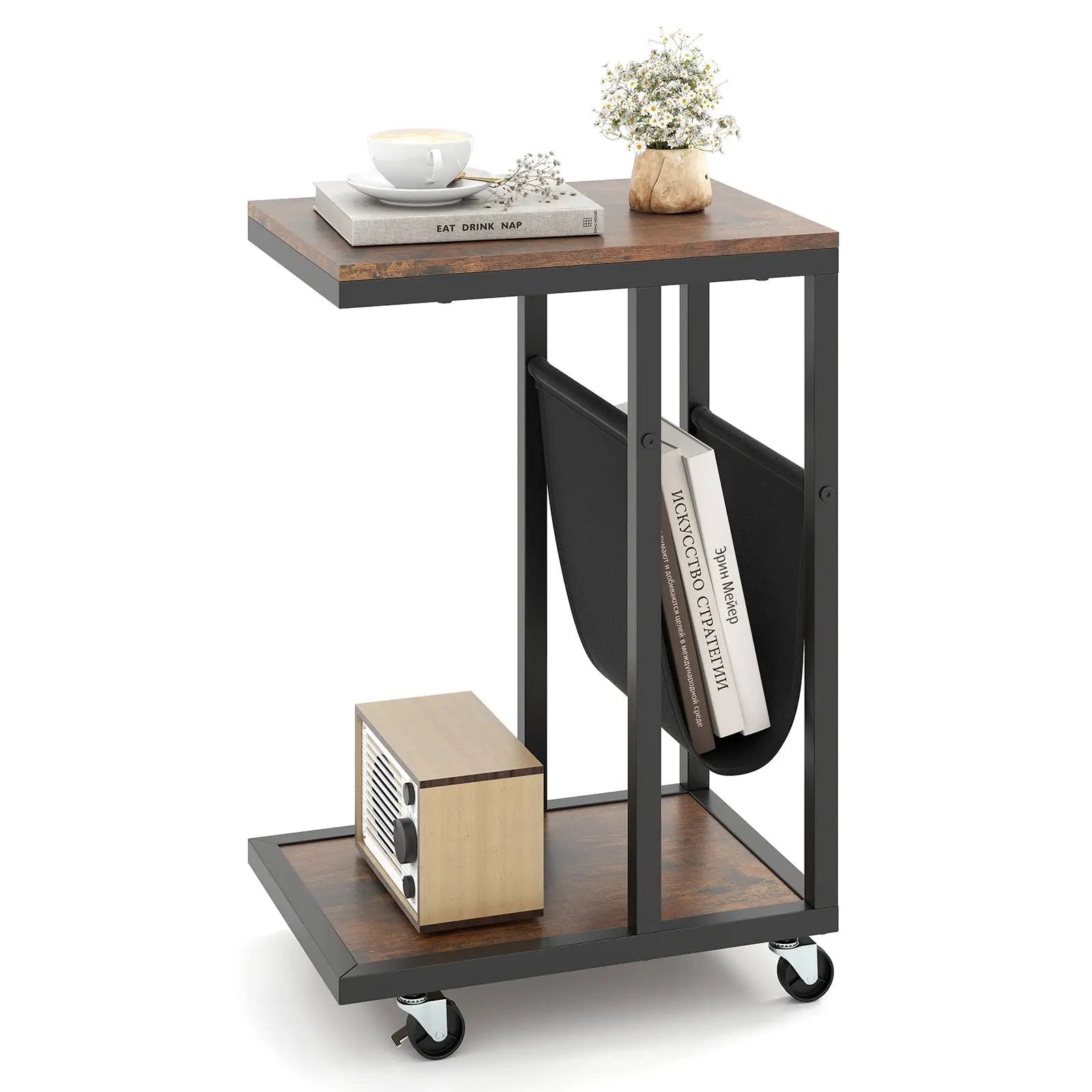 C-shaped Side Table with Canvas Storage Pouch and Metal Frame-Borwn by DirectDeals