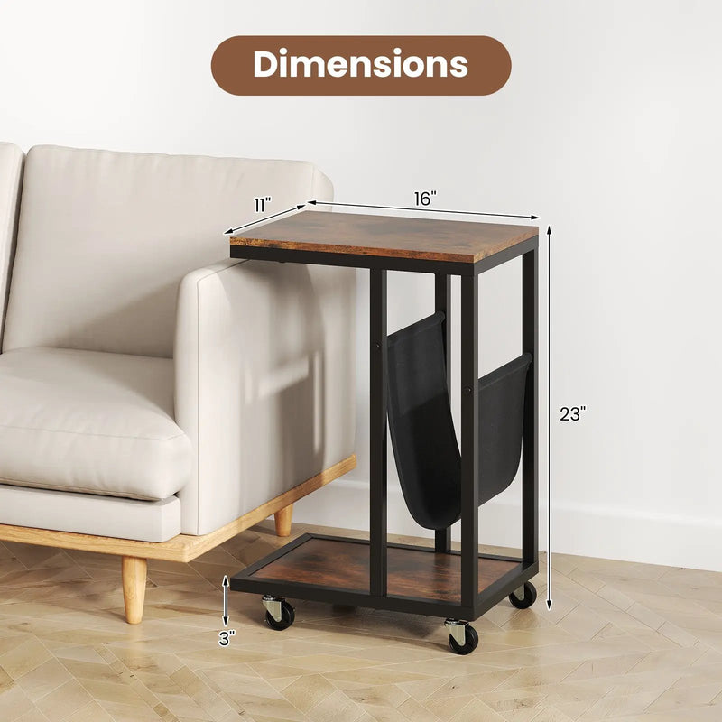 C-shaped Side Table with Canvas Storage Pouch and Metal Frame-Borwn by DirectDeals