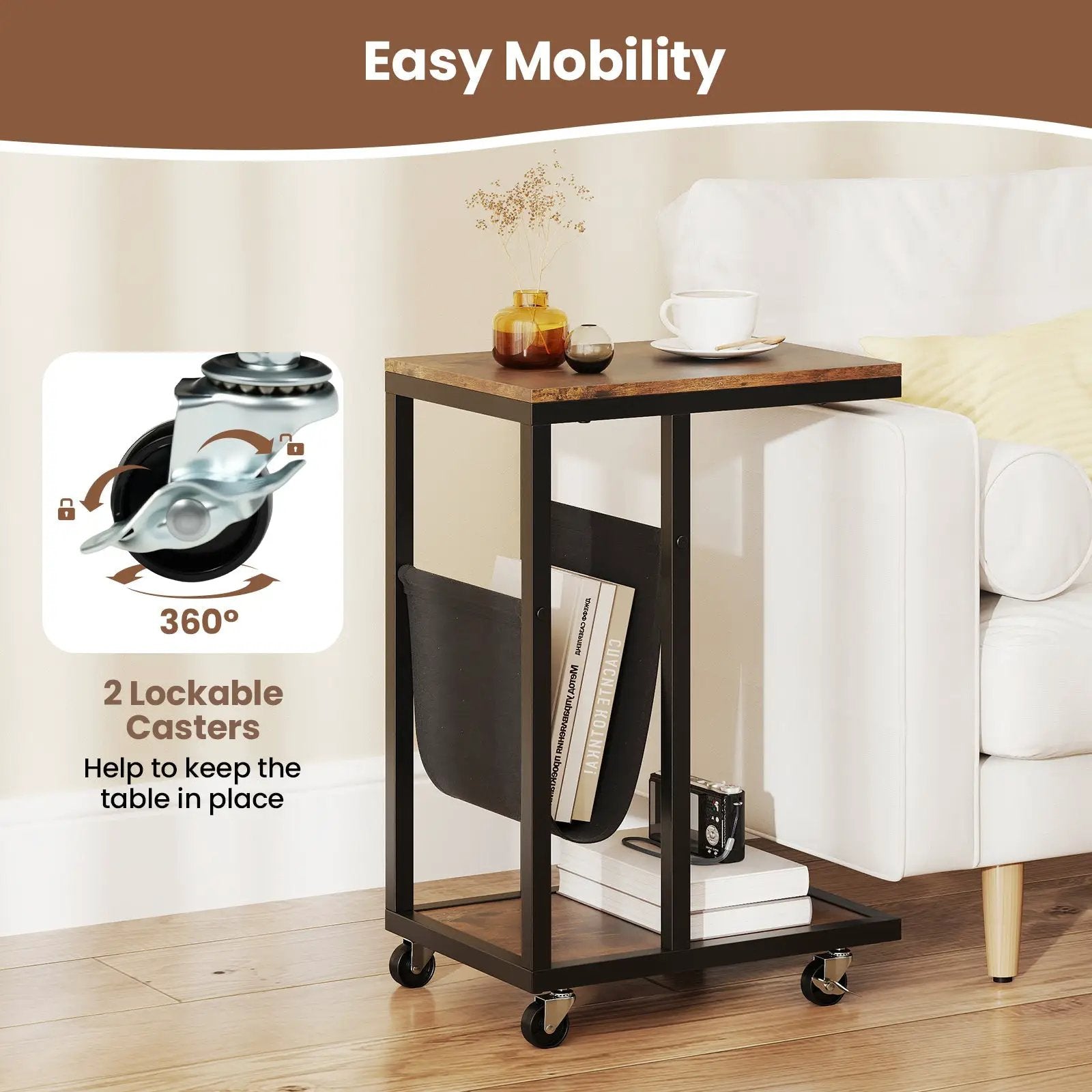 C-shaped Side Table with Canvas Storage Pouch and Metal Frame-Borwn by DirectDeals