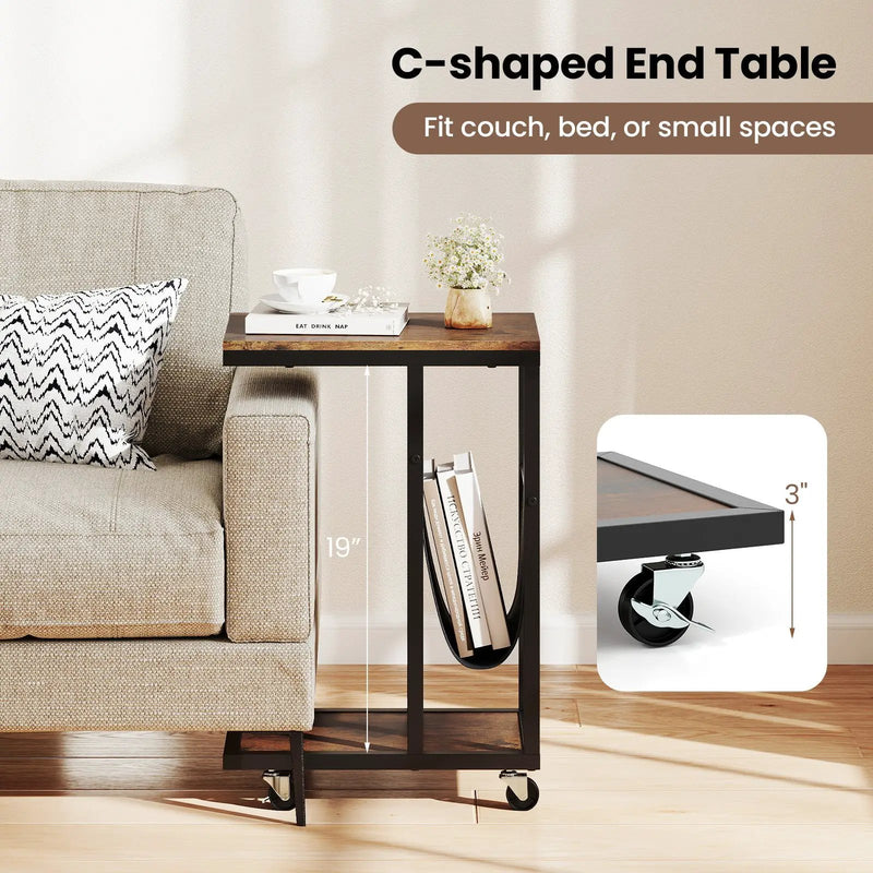 C-shaped Side Table with Canvas Storage Pouch and Metal Frame-Borwn by DirectDeals