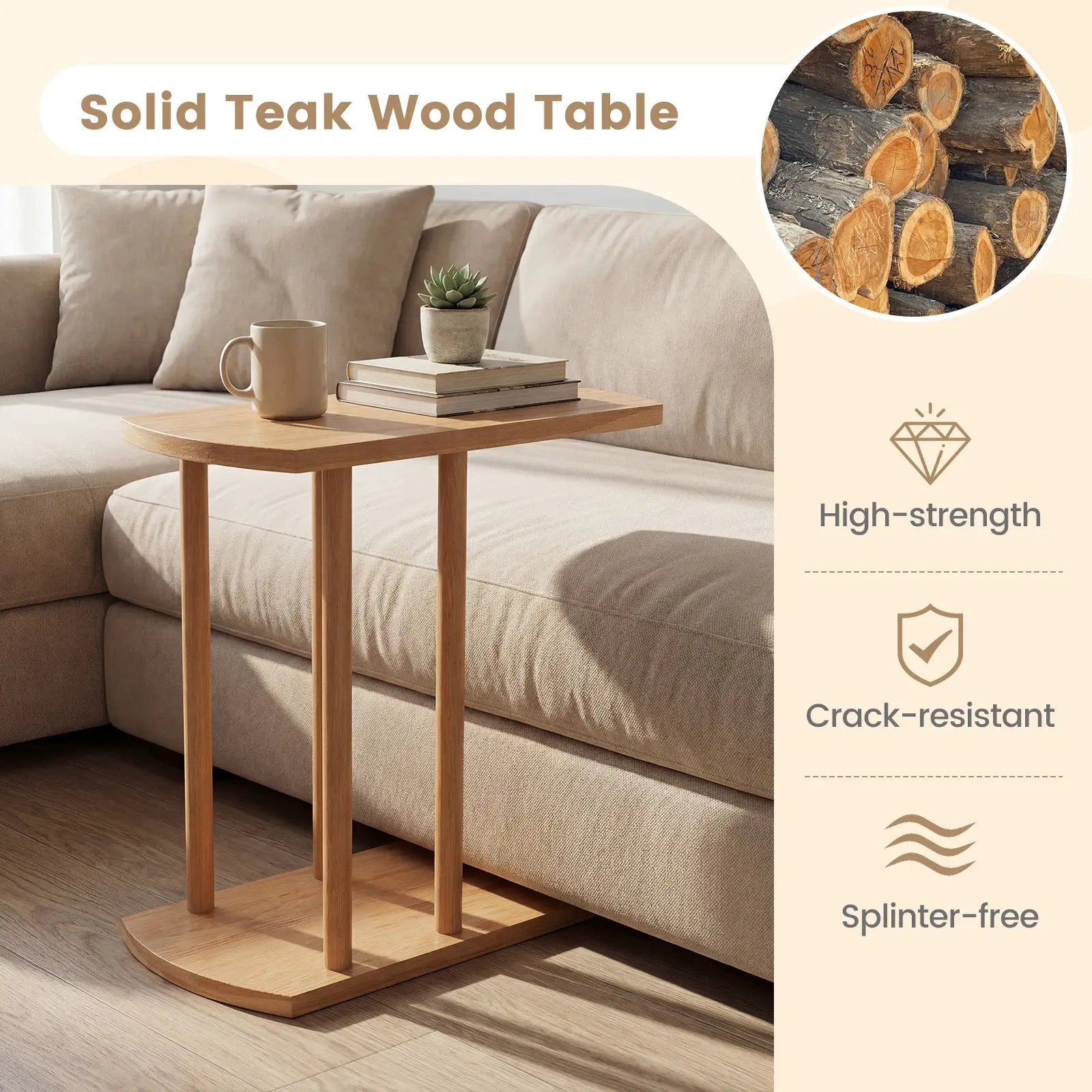Narrow 2-Tier C-shaped Teak Wood Side Table with Thickened Top and Sturdy Base by DirectDeals