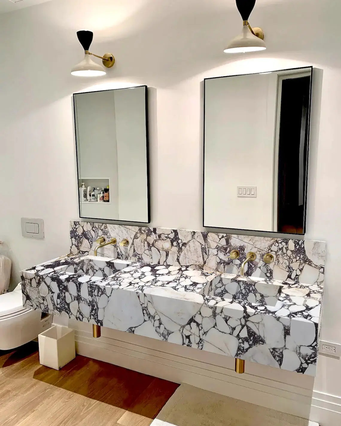 Calacatta Viola Marble Double Sink Wall Mount Bathroom Vanity 80 x 20 with Backsplash by GobekDesign