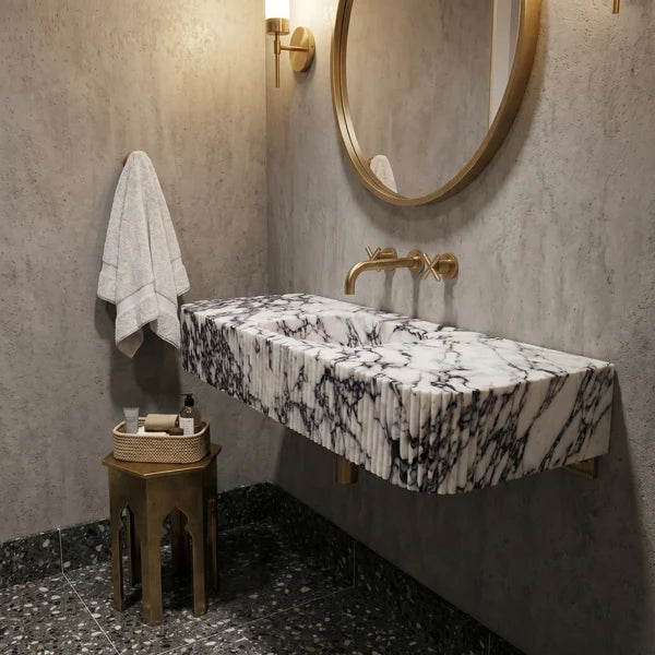 Calacatta Viola Marble Custom Wall-Mount Bathroom Sink with Fluted Front & Sides – 60" x 20" x 10", photo 4 of 8