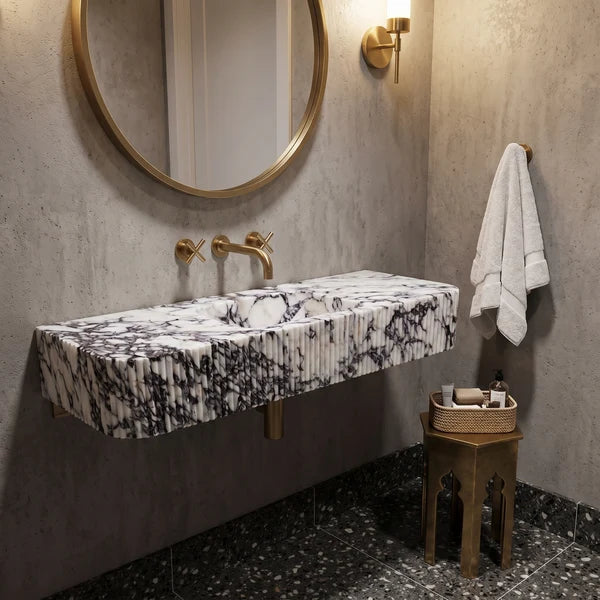 Calacatta Viola Marble Custom Wall-Mount Bathroom Sink with Fluted Front & Sides – 60" x 20" x 10", photo 3 of 8