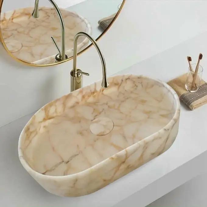 Calacatta Gold Marble Above Vanity Oval Curved Polished Vessel Sink 16x24x5 Inch by GobekDesign