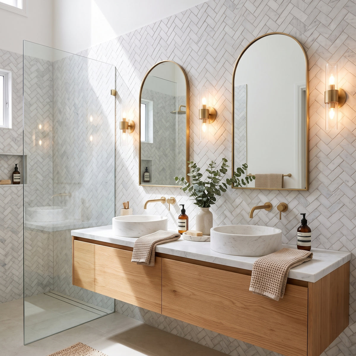 Modern bathroom vanity with two vessel sinks, a floating wood cabinet, white marble countertop, two arched mirrors with gold frames, and warm wall sconces. A glass shower enclosure is visible on the left, and the wall behind features light herringbone tile.