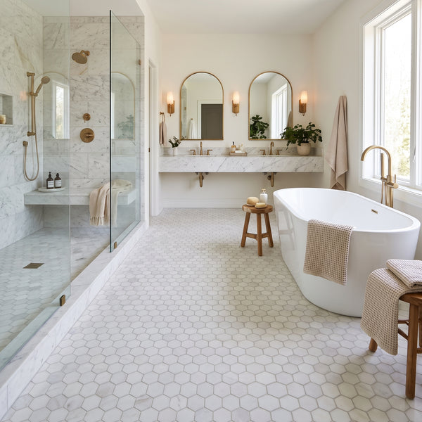 Calacatta T Honed Hexagon Marble Mosaics 10 3/8x12