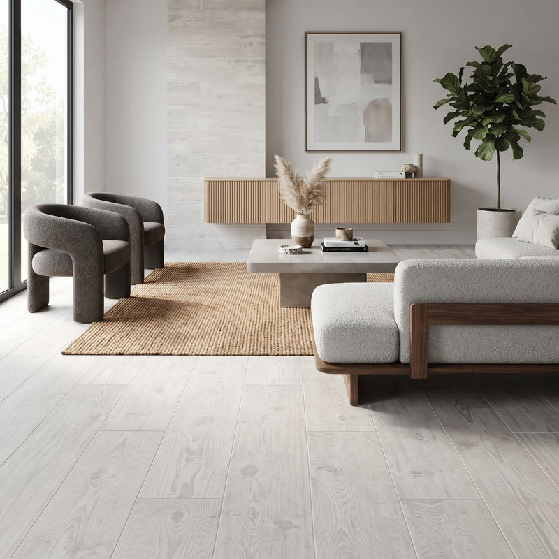Light gray wood plank flooring in a modern, minimalist living room with a light gray sectional sofa, gray armchairs, a wooden sideboard, and a large potted plant.