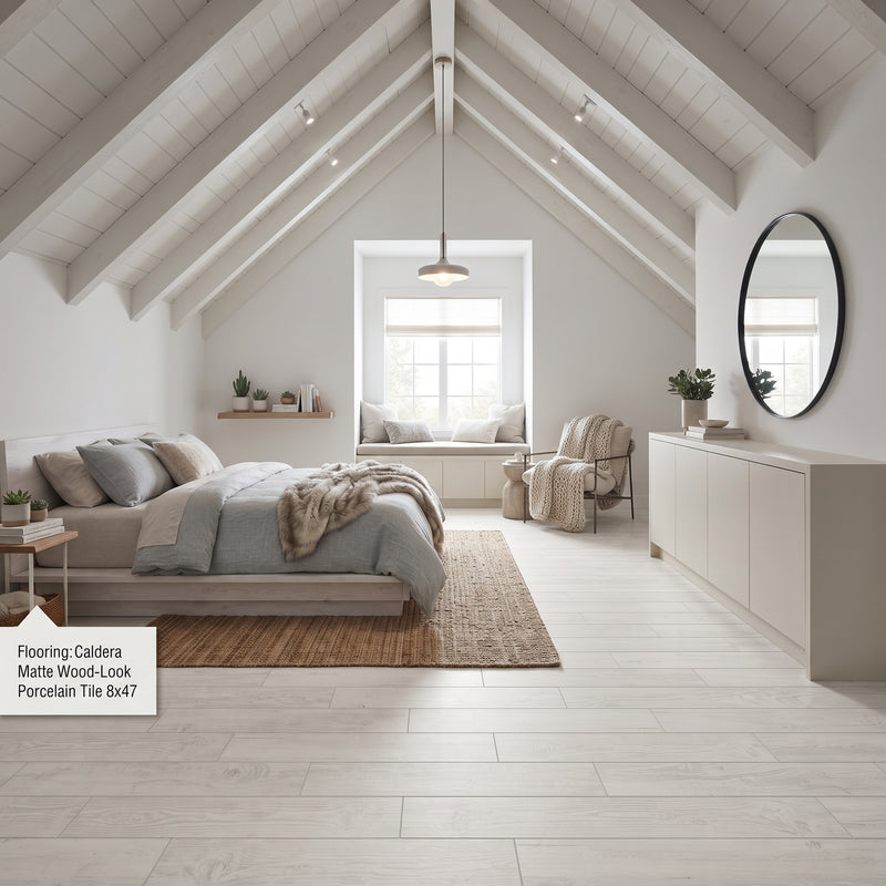 A bright, modern bedroom with a high vaulted ceiling, featuring light-colored wood flooring in a matte wood-look porcelain tile finish. The room is styled with a bed, a window seat, and a white credenza under a round mirror.