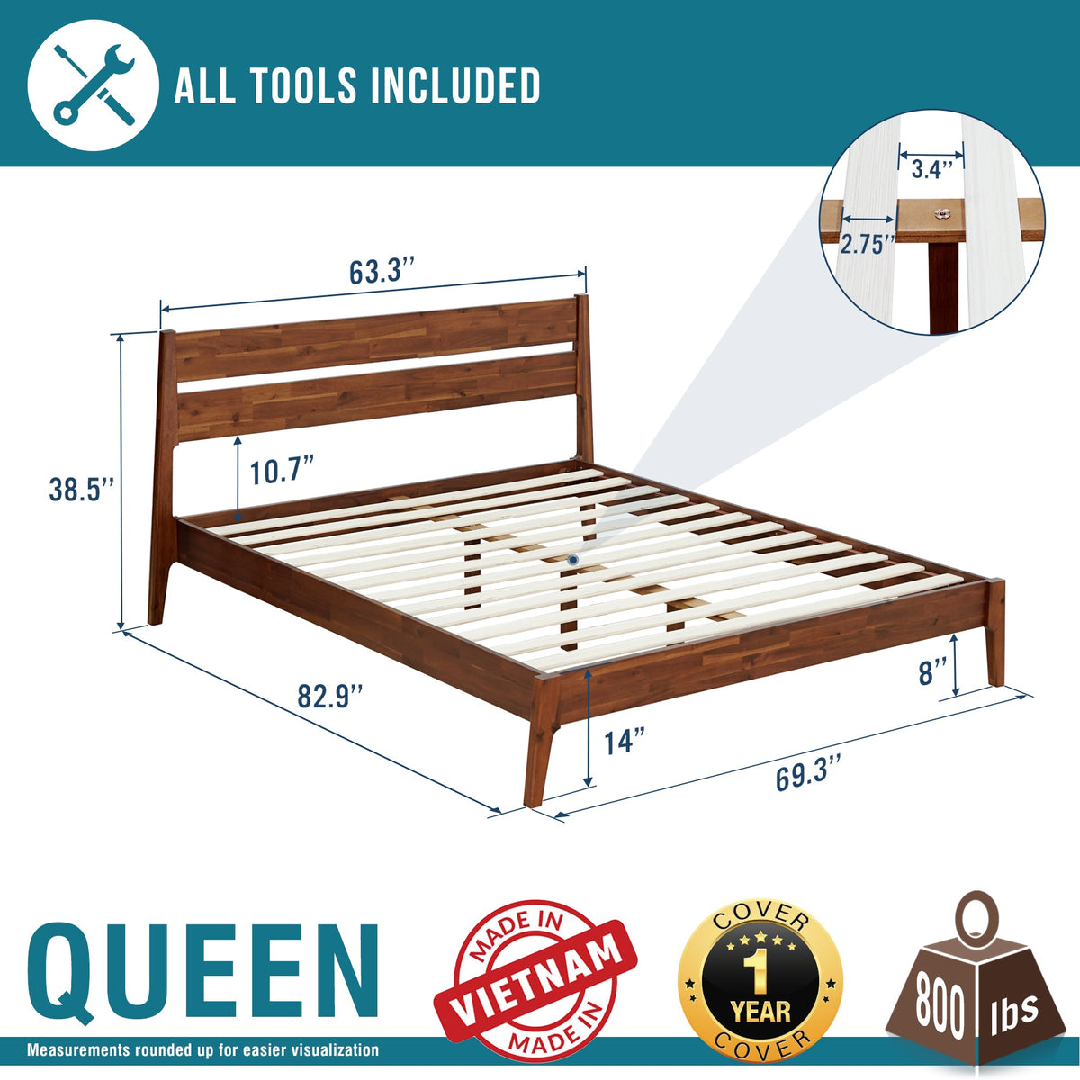 Callisto Solid Wood Bed Frame, dimensions drawing