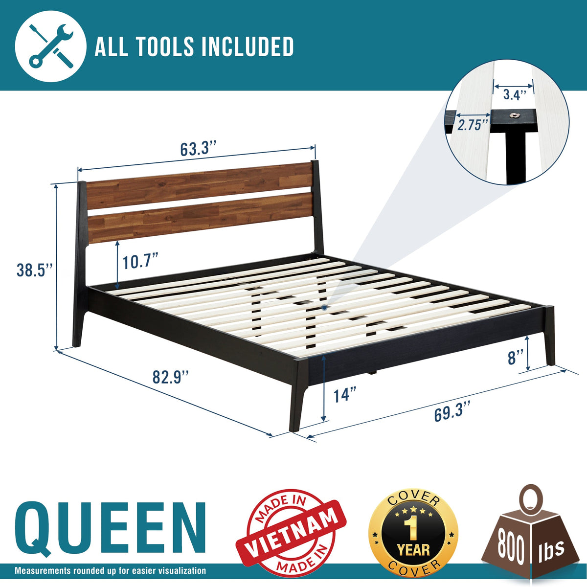Callisto Solid Wood Bed Frame, dimensions drawing
