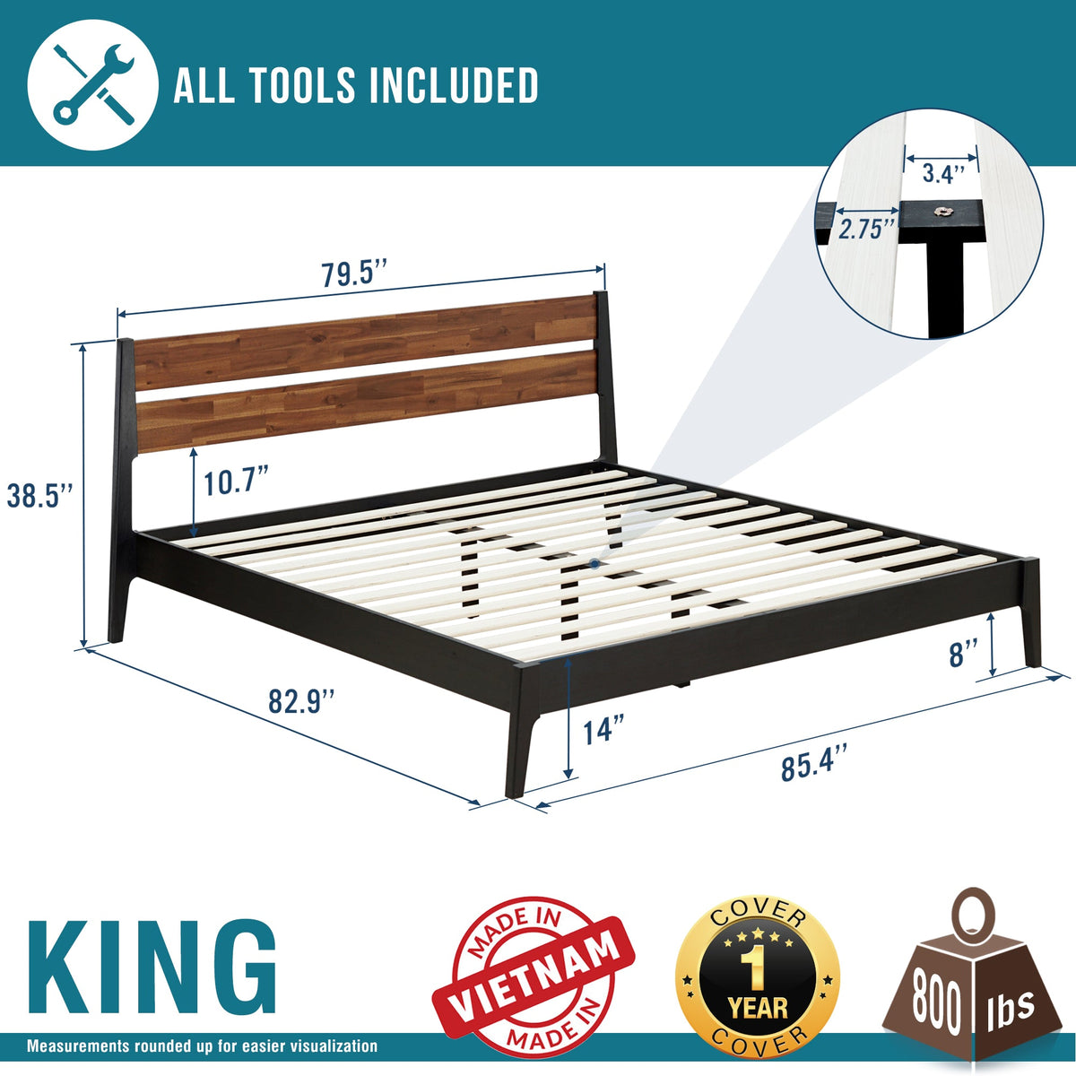 Callisto Solid Wood Bed Frame, dimensions drawing