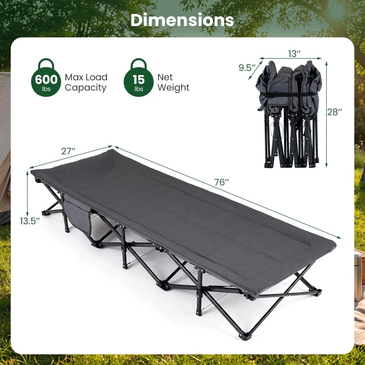 Camping Cot with Padded Pillow and Storage Pouch - Gray by DirectDeals