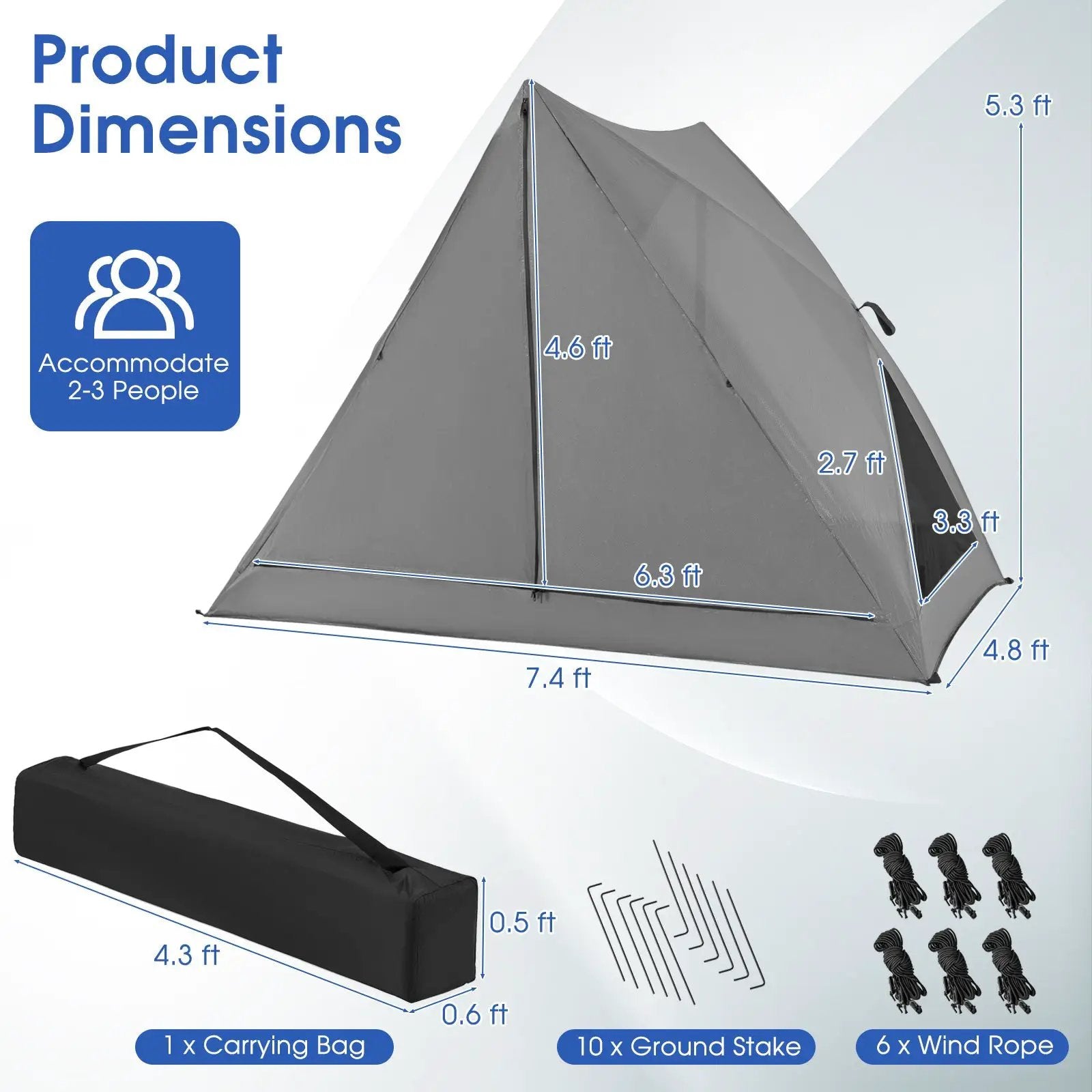Pop-up Camping Tent for 2-3 People with Carry Bag and Rainfly for Backpacking Hiking Trip-Gray by DirectDeals