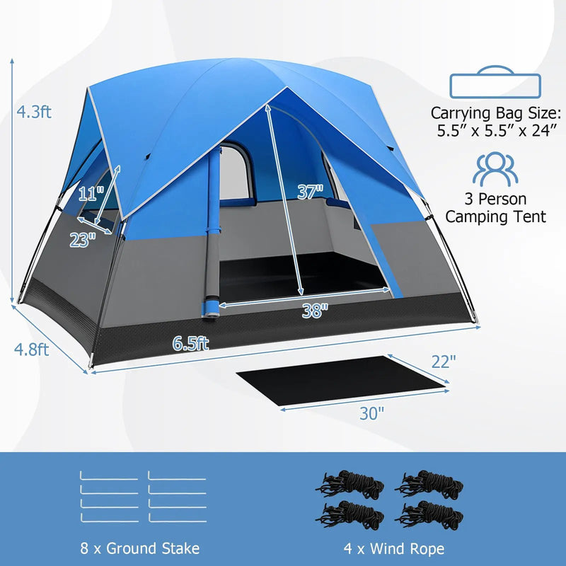 3 Person Outdoor Camping Tent with Removable Floor Mat for Camping Hiking Traveling-Blue by DirectDeals