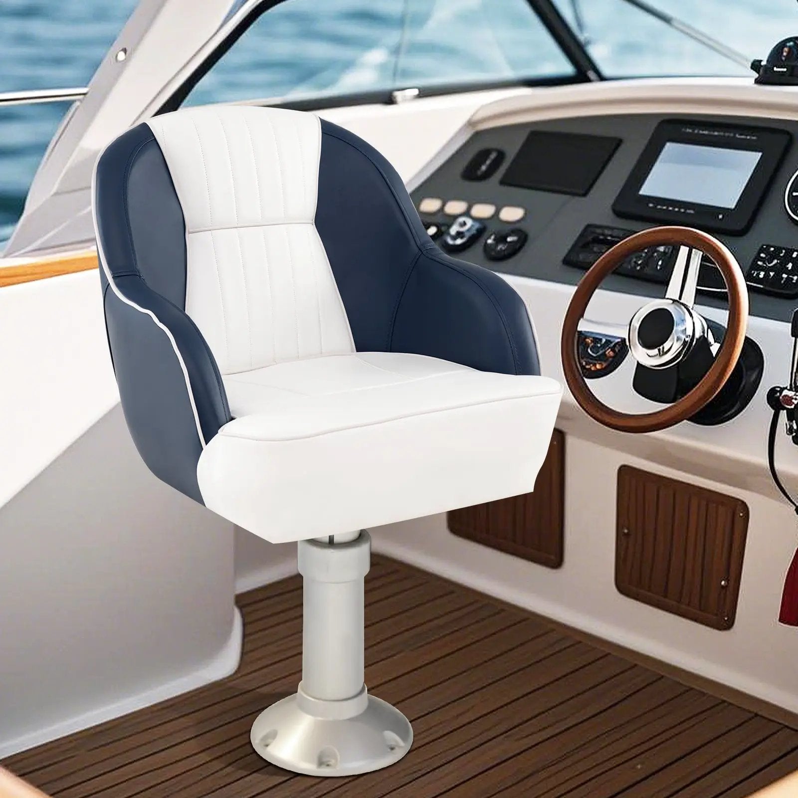 Captain Bucket Seat Pontoon Boat Chair with PVC Leather and Armrests-Blue by DirectDeals