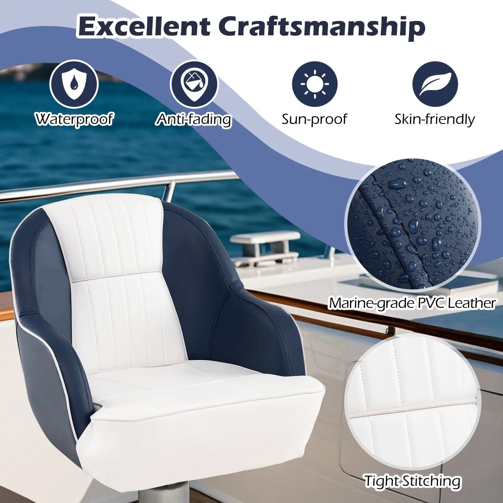 Captain Bucket Seat Pontoon Boat Chair with PVC Leather and Armrests-Blue by DirectDeals