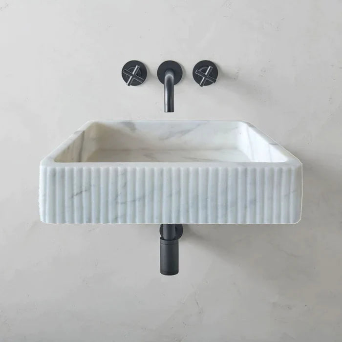 Carrara White Marble Wall-mount Bathroom Sink Ribbed Textured (W)16" (W)24" (H)6" by GobekDesign
