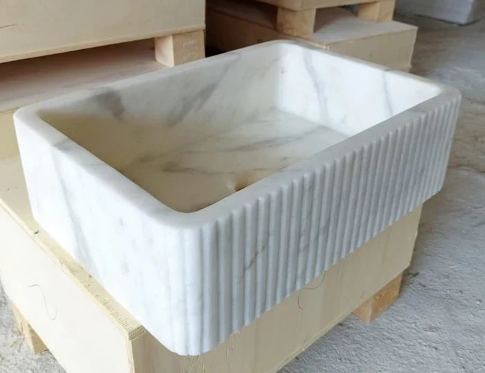Carrara White Marble Wall-mount Bathroom Sink Ribbed Textured (W)16" (W)24" (H)6" by GobekDesign